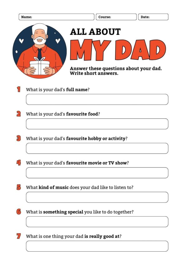 All about my Dad worksheet printable