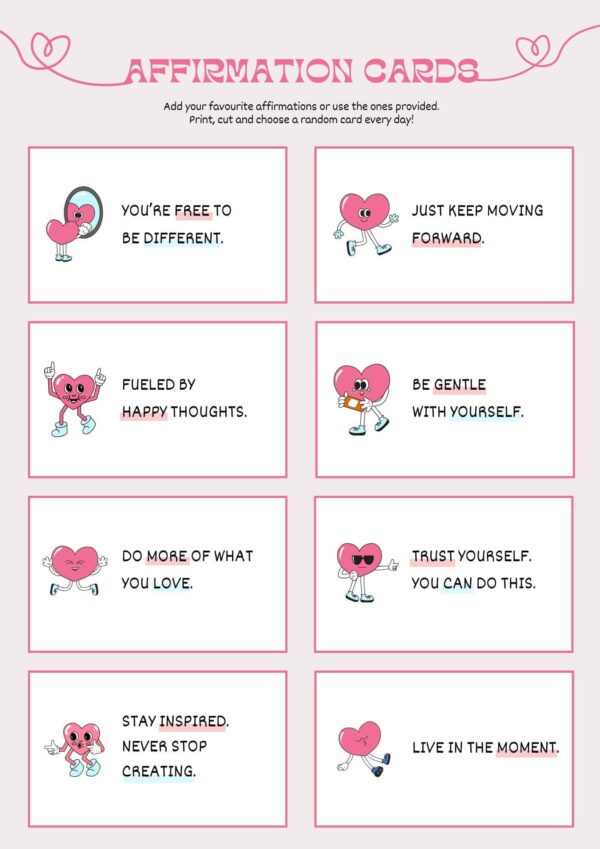 Pink Cute Affirmation Cards A4 Document