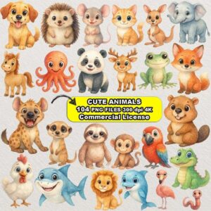104 Watercolor Cute Animals Clipart Bundle