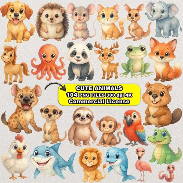104 Watercolor Cute Animals Clipart Bundle